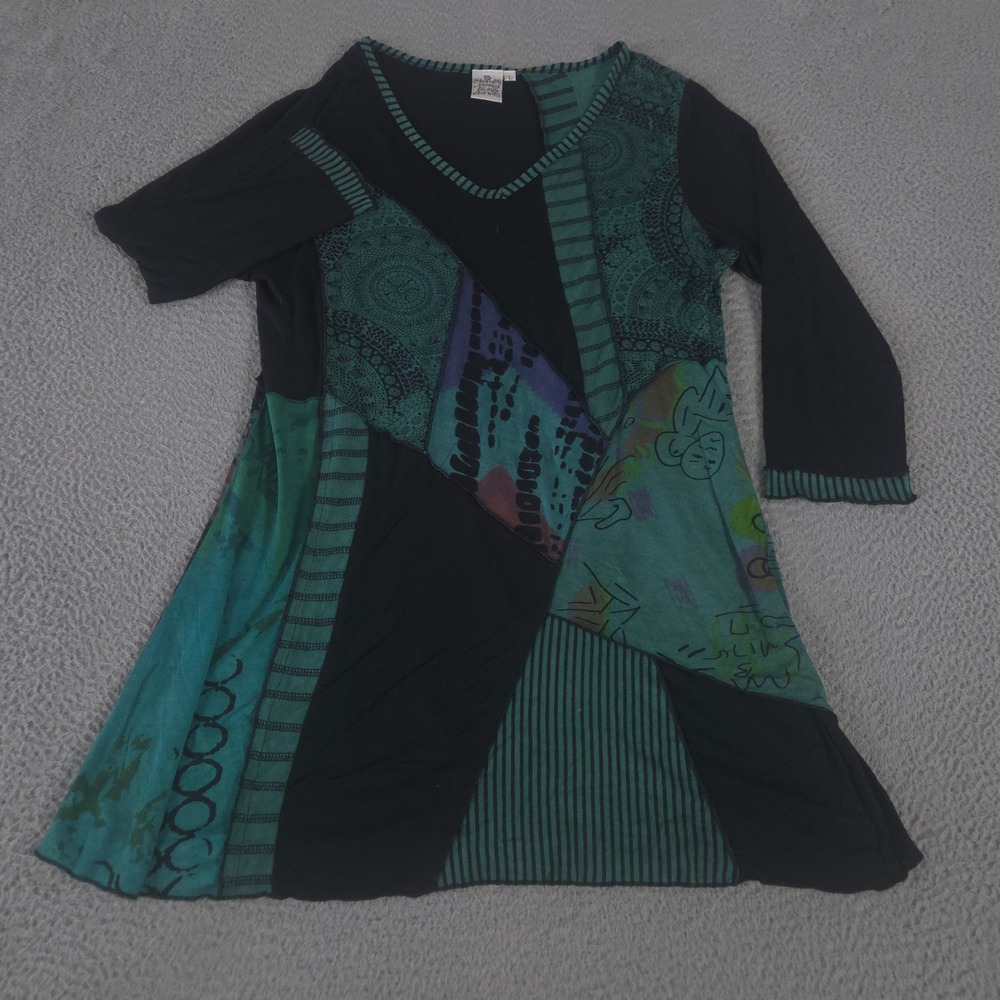 Parsley & Sage Top Womens L Black Green Patchwork Rayon V-Neck 3/4 Sleeve Tunic